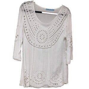 Solitaire Swim Tunic‎ Mini Dress Cover Up Women L White Eyelet Cutout Fairy